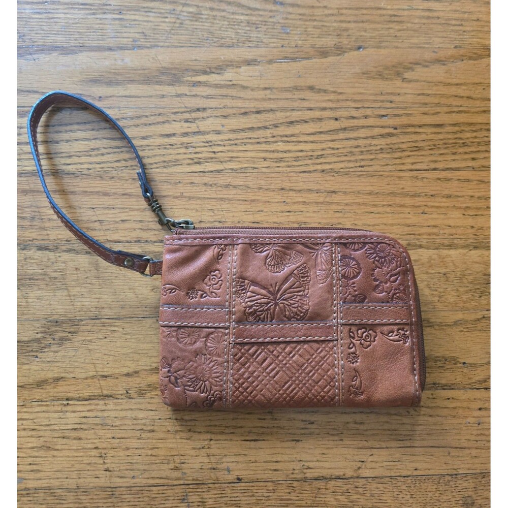 Vintage Fossil Brown Leather Floral Embossed Leather Patchwork Zip Wristlet